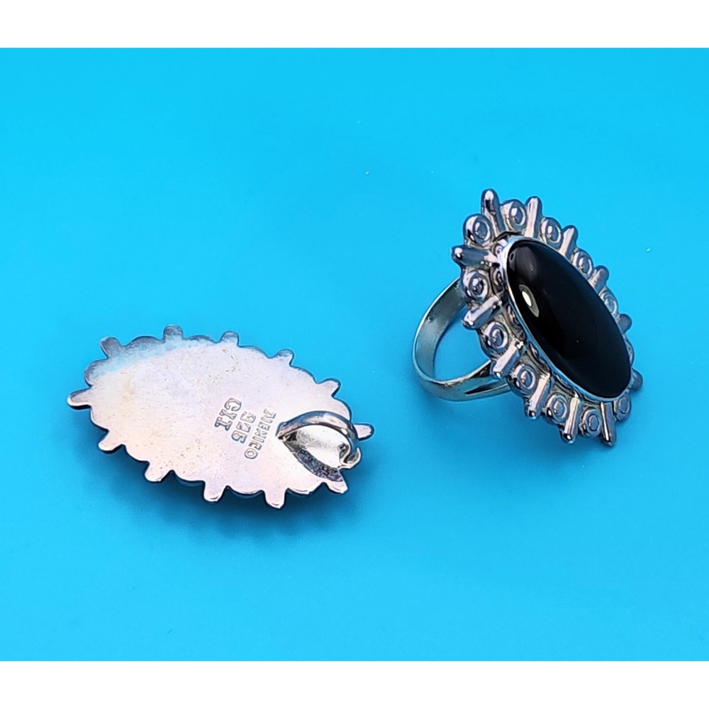 Sterling Silver Pendant & Ring Set Size 9.75 Mexico 925 Signed onyx Large CIJ - Picture 3 of 10